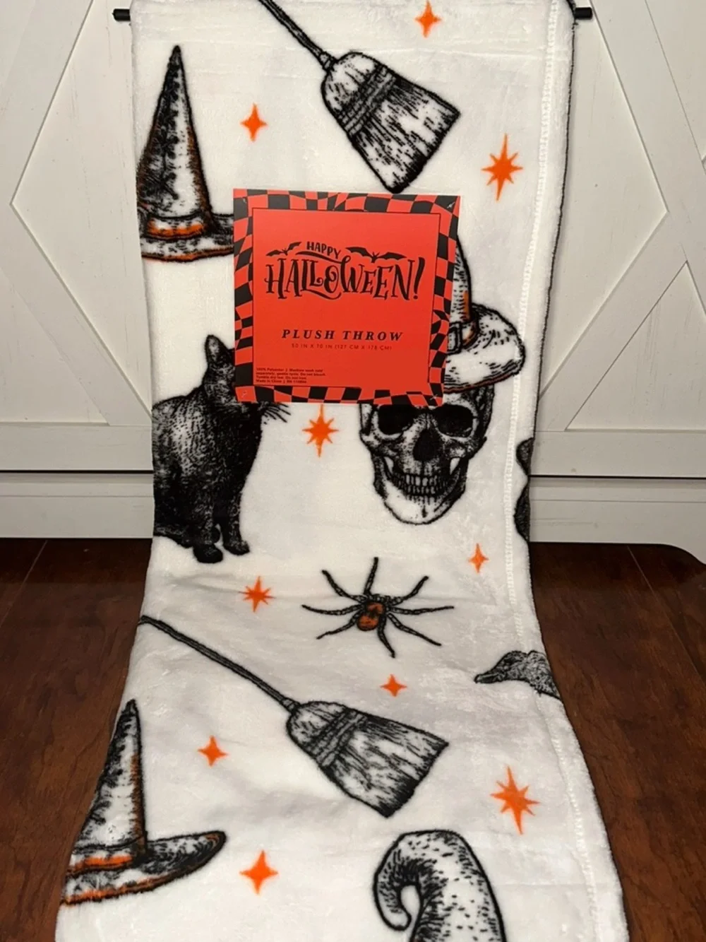 Halloween Plush Throw Blanket - White with Black & Orange Spell Motifs